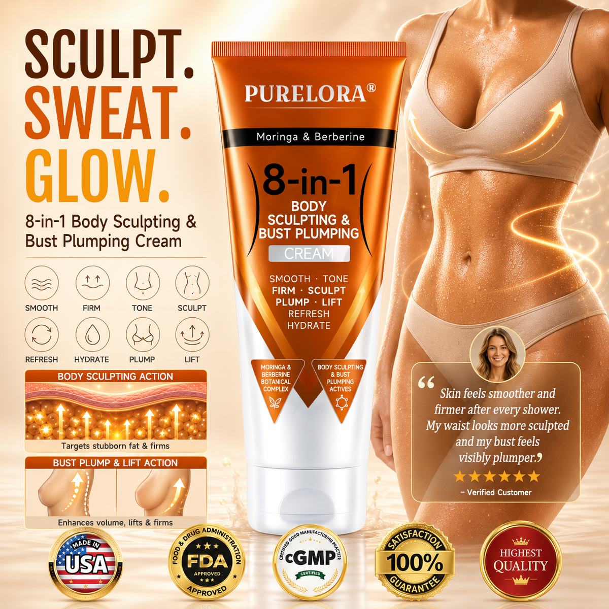 𝐎𝐟𝐟𝐢𝐜𝐢𝐚𝐥 𝐁𝐫𝐚𝐧𝐝 𝐒𝐭𝐨𝐫𝐞 |PURELORA® Moringa & Berberine 8-in-1 Body Sculpting & Bust Plumping Cream Smooth · Firm · Tone · Sculpt · Refresh · Hydrate · Plump · Lift