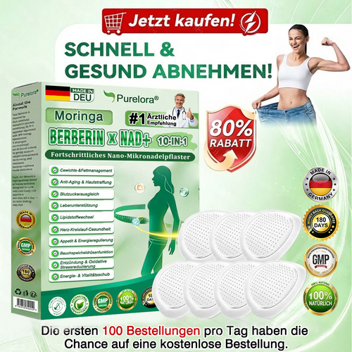 🇩🇪Neuheiten Heißer Verkauf丨Purelora® Moringa Berberinex NAD+ 10-in-1 Nano-Mikronadel-Patch (Nur einmal täglich, sichtbare Veränderungen in 7 Tagen) ✅ Für Übergewicht, lockere Haut, Diabetes, Schlafapnoe, Gelenkprobleme und mehr