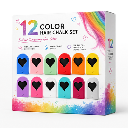 12-Color Heart Hair Chalk Set – One-Swipe Temporary Hair Color, Washable & Mixable, Pocket-Sized Color for Kids, Teens & Adults, Parties, Festivals & Cosplay