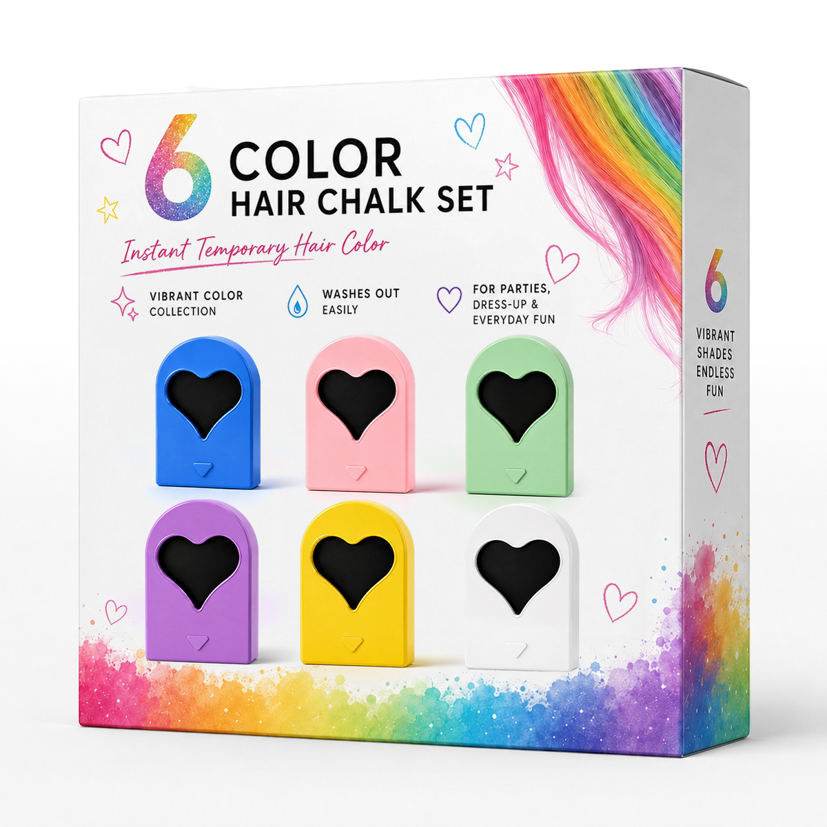 12-Color Heart Hair Chalk Set – One-Swipe Temporary Hair Color, Washable & Mixable, Pocket-Sized Color for Kids, Teens & Adults, Parties, Festivals & Cosplay