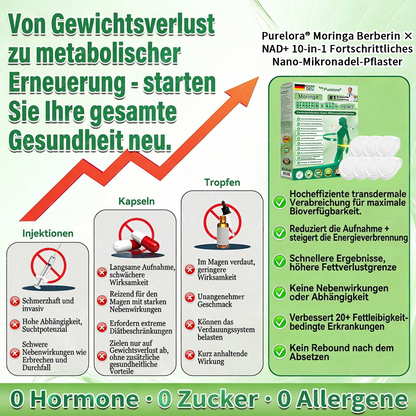🇩🇪Neuheiten Heißer Verkauf丨Purelora® Moringa Berberinex NAD+ 10-in-1 Nano-Mikronadel-Patch (Nur einmal täglich, sichtbare Veränderungen in 7 Tagen) ✅ Für Übergewicht, lockere Haut, Diabetes, Schlafapnoe, Gelenkprobleme und mehr