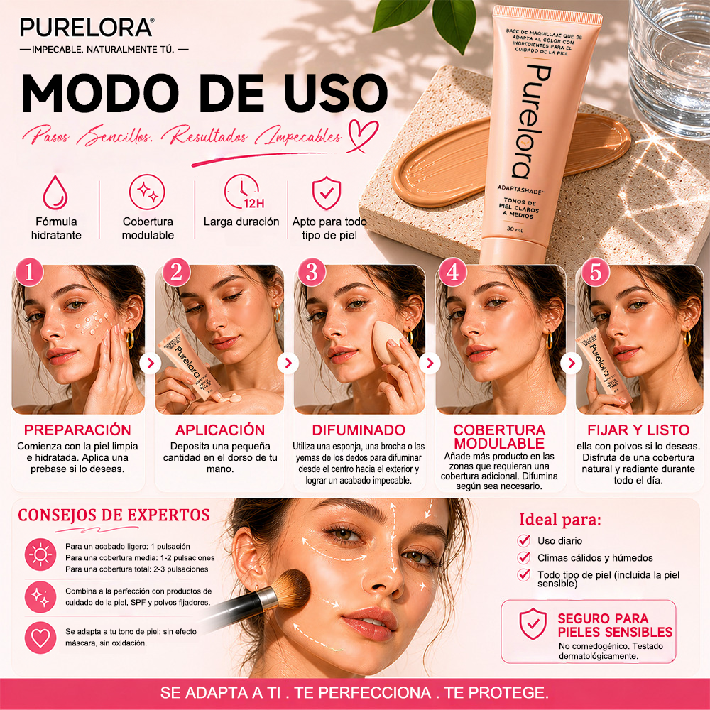 💖【Tienda Oficial】PURELORA® AdaptaShade Foundation — Base de maquillaje con cuidado de la piel que se adapta al tono