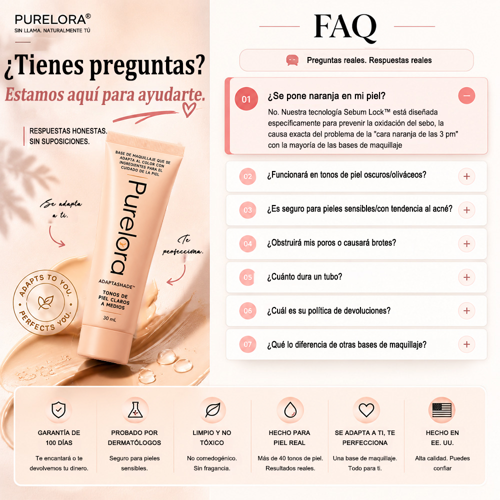 💖【Tienda Oficial】PURELORA® AdaptaShade Foundation — Base de maquillaje con cuidado de la piel que se adapta al tono