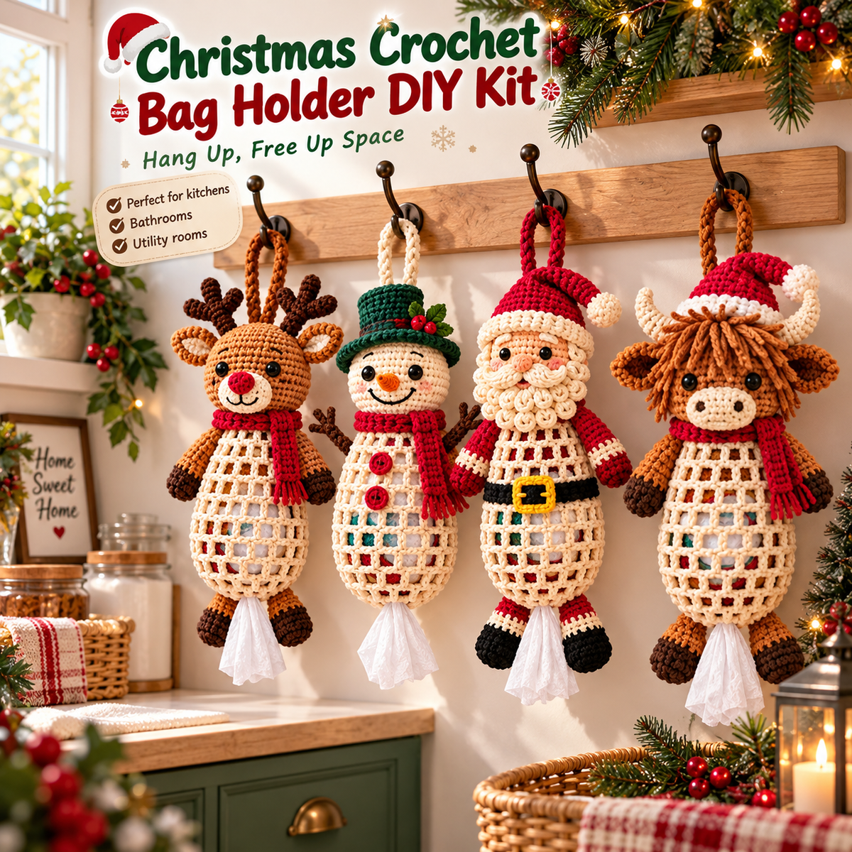 Christmas Crochet Animal Bag Holder DIY Kit – 4 Festive Designs, Handmade Holiday Decor & Hanging Storage