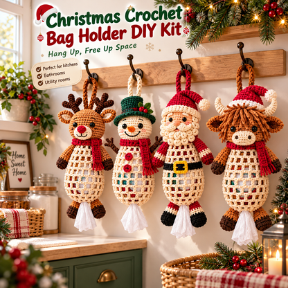 Christmas Crochet Animal Bag Holder DIY Kit – 4 Festive Designs, Handmade Holiday Decor & Hanging Storage