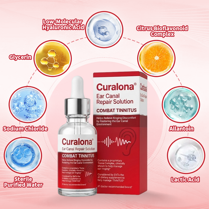 Curalona® Ear Canal Repair Solution to Combat Tinnitus  Helps Relieve Ringing Discomfort by Restoring the Ear Canal Environment  One Bottle · 7 Days · Designed to Deliver Noticeable Results Within 7 Days