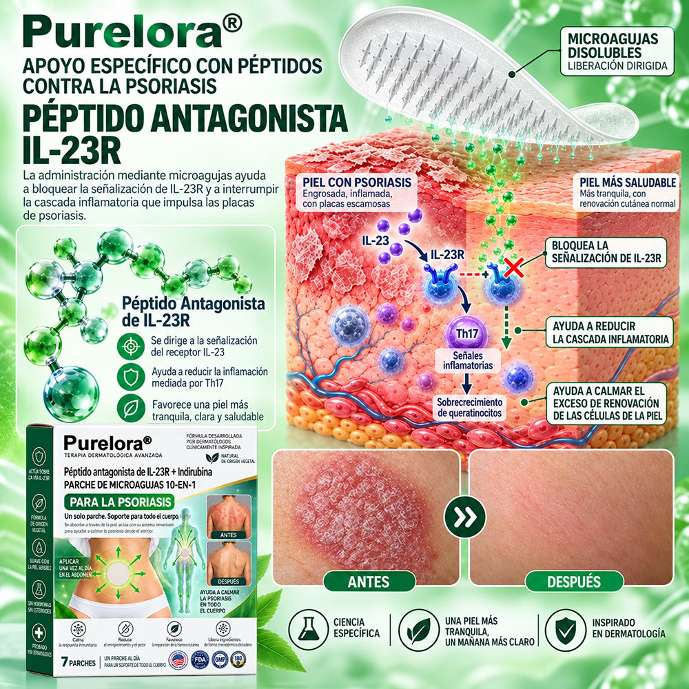 𝐏𝐔𝐑𝐄𝐋𝐎𝐑𝐀® 👩‍⚕️👩‍⚕️ Parche de nanomicroagujas 10 en 1 con péptido antagonista de IL-23R e indirubina (ayuda a reducir el enrojecimiento visible y la descamación, calma la sequedad y la picazón, y favorece el refuerzo y la reparación de la barrera cutánea)