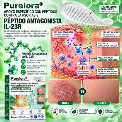 𝐏𝐔𝐑𝐄𝐋𝐎𝐑𝐀® 👩‍⚕️👩‍⚕️ Parche de nanomicroagujas 10 en 1 con péptido antagonista de IL-23R e indirubina (ayuda a reducir el enrojecimiento visible y la descamación, calma la sequedad y la picazón, y favorece el refuerzo y la reparación de la barrera cutánea)