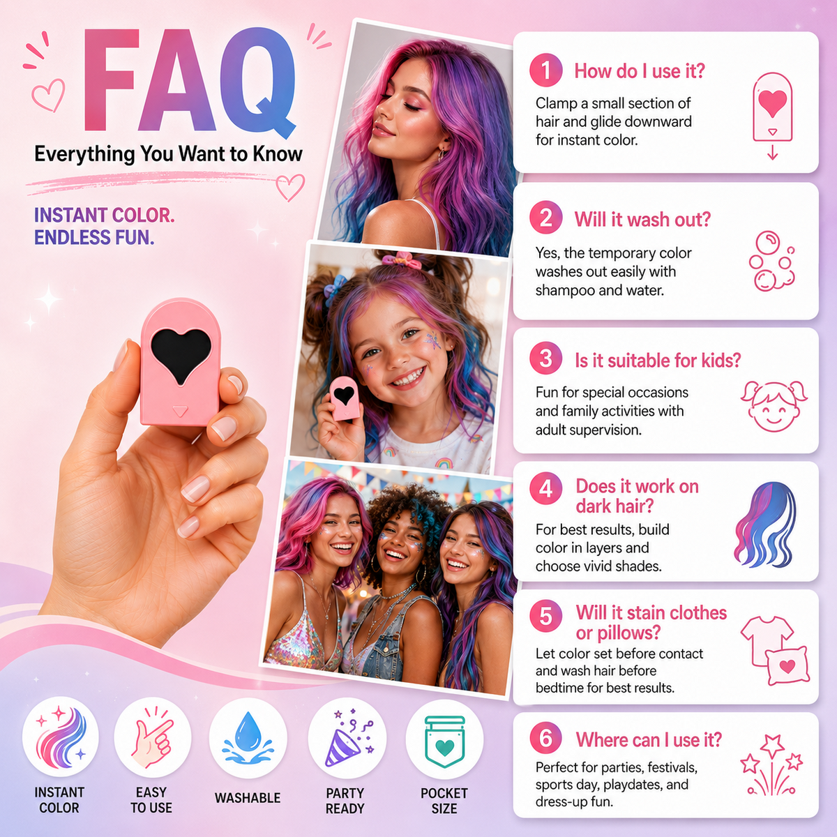 12-Color Heart Hair Chalk Set – One-Swipe Temporary Hair Color, Washable & Mixable, Pocket-Sized Color for Kids, Teens & Adults, Parties, Festivals & Cosplay