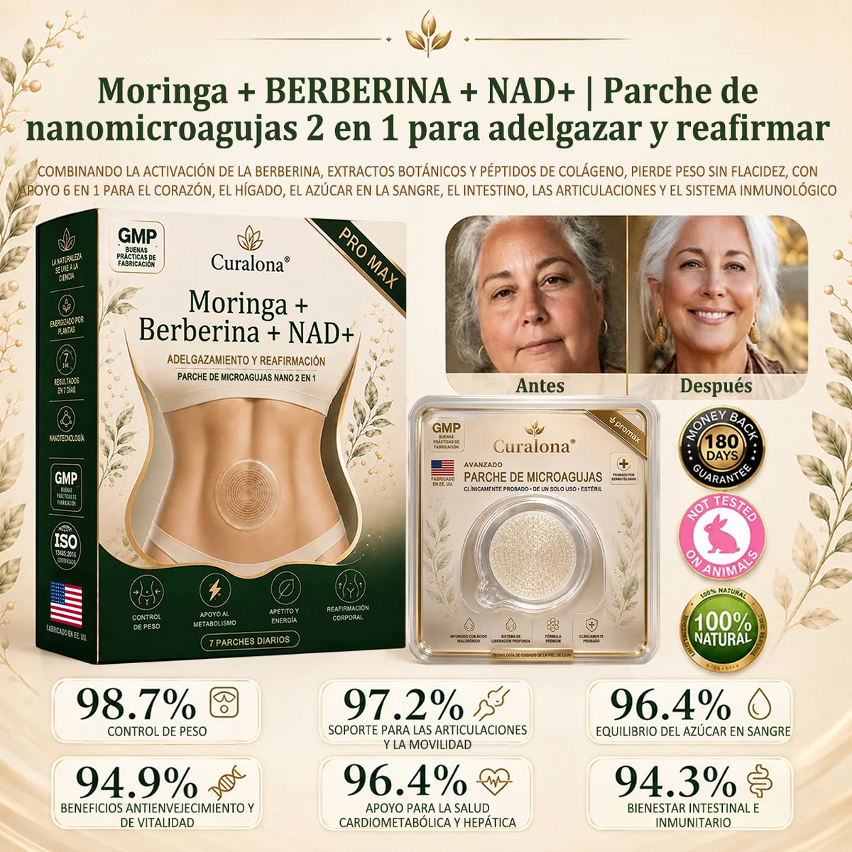 Curalona®🔥Parche de microragujas ProMax Nano 2026 – Parche reafirmante corporal y de apoyo al metabolismo con Moringa, Berberina y NAD+