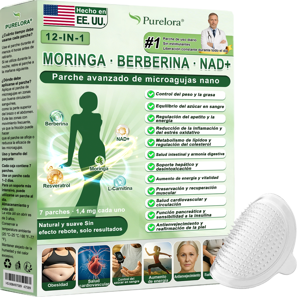 Tienda oficial | Parche avanzado Purelora® 12 en 1 con nanomicroagujas: Moringa, Berberina y NAD+ (Solo una vez al día; cambios visibles en 7 días) ✅ Para obesidad, flacidez de la piel, diabetes, apnea del sueño, problemas articulares y más 🌸