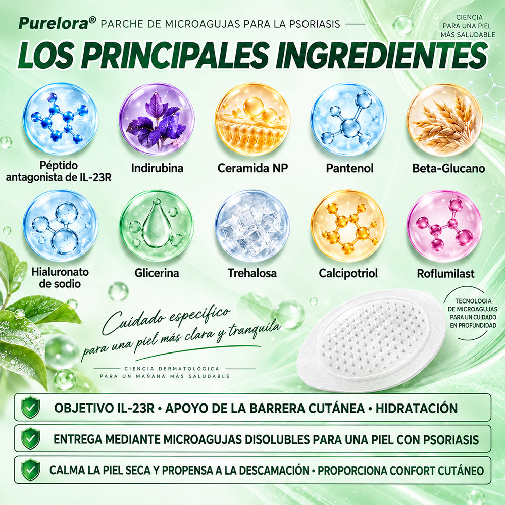 𝐏𝐔𝐑𝐄𝐋𝐎𝐑𝐀® 👩‍⚕️👩‍⚕️ Parche de nanomicroagujas 10 en 1 con péptido antagonista de IL-23R e indirubina (ayuda a reducir el enrojecimiento visible y la descamación, calma la sequedad y la picazón, y favorece el refuerzo y la reparación de la barrera cutánea)