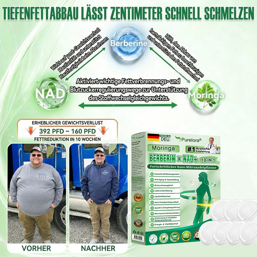 🇩🇪Neuheiten Heißer Verkauf丨Purelora® Moringa Berberinex NAD+ 10-in-1 Nano-Mikronadel-Patch (Nur einmal täglich, sichtbare Veränderungen in 7 Tagen) ✅ Für Übergewicht, lockere Haut, Diabetes, Schlafapnoe, Gelenkprobleme und mehr