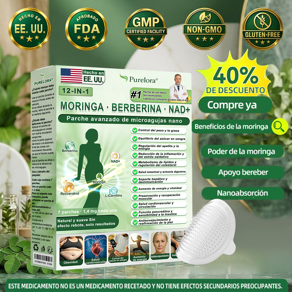 Tienda oficial | Parche avanzado Purelora® 12 en 1 con nanomicroagujas: Moringa, Berberina y NAD+ (Solo una vez al día; cambios visibles en 7 días) ✅ Para obesidad, flacidez de la piel, diabetes, apnea del sueño, problemas articulares y más 🌸
