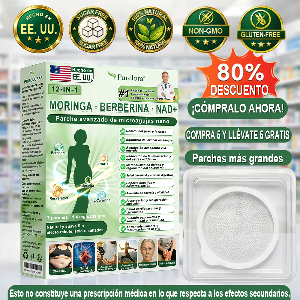 Tienda oficial | Parche avanzado Purelora® 12 en 1 con nanomicroagujas: Moringa, Berberina y NAD+ (Solo una vez al día; cambios visibles en 7 días) ✅ Para obesidad, flacidez de la piel, diabetes, apnea del sueño, problemas articulares y más 🌸