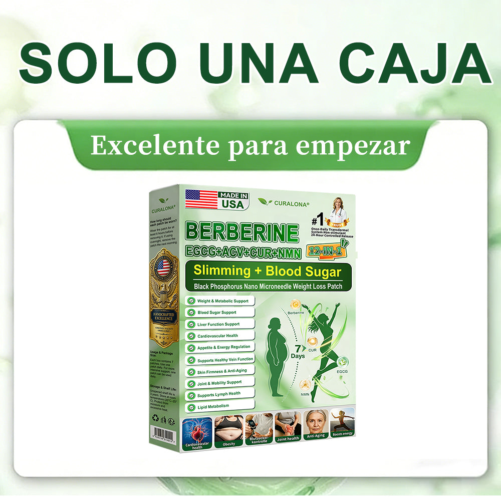 Parche Adelgazante con Nanagujas de Fósforo Negro Curalona® — Fórmula 12 en 1: Berberina + NMN + Vinagre de Sidra de Manzana | Potencia la quema de grasa y estabiliza el azúcar en sangre | Sea testigo de la transformación en solo 7 días