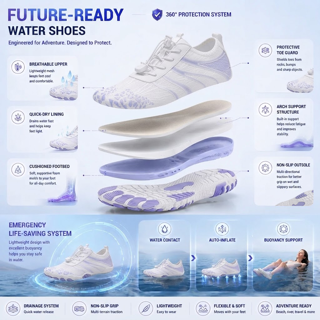 Unisex Barefoot Water Shoes | Inflatable Self-Rescue | Cures Athlete's Foot | Arch Memory Foam | Waterproof, Heat Dissipation & Sandproof Isolation | Ultra Lightweight Quick-Dry Aqua Socks