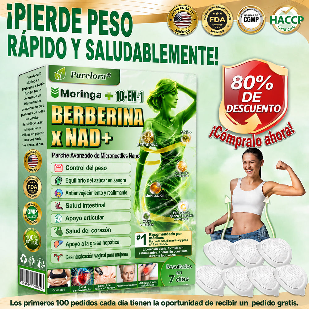 Tienda oficial 🇺🇸 Parche avanzado Purelora® 10 en 1 con nanomicroagujas (Moringa, berberina y NAD+). Solo una aplicación al día; cambios visibles en 7 días.  Para obesidad, flacidez, diabetes, apnea del sueño, problemas articulares y más.