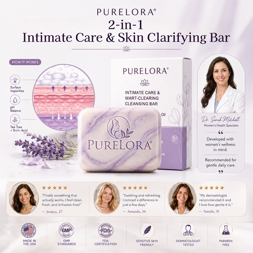 PURELORA® Yoni & Wart Relief Bar Soap | pH-Balanced with Boric Acid & Tea Tree Oil | 2-in-1 Intimate Care & Skin Clarifying Bar | Women's Daily Wash