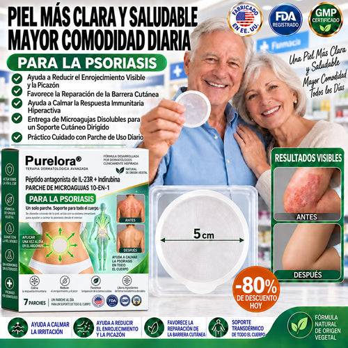 𝐏𝐔𝐑𝐄𝐋𝐎𝐑𝐀® 👩‍⚕️👩‍⚕️ Parche de nanomicroagujas 10 en 1 con péptido antagonista de IL-23R e indirubina (ayuda a reducir el enrojecimiento visible y la descamación, calma la sequedad y la picazón, y favorece el refuerzo y la reparación de la barrera cutánea)