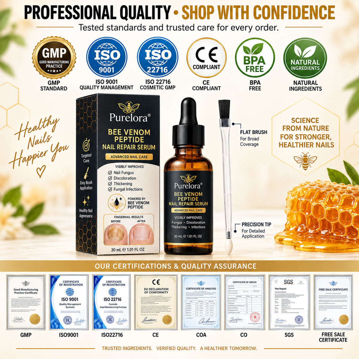 Purelora® Bee Venom Peptide Nail & Foot Repair Serum for nail fungus care, yellow nails, thick nails, and athlete’s foot recovery support.
