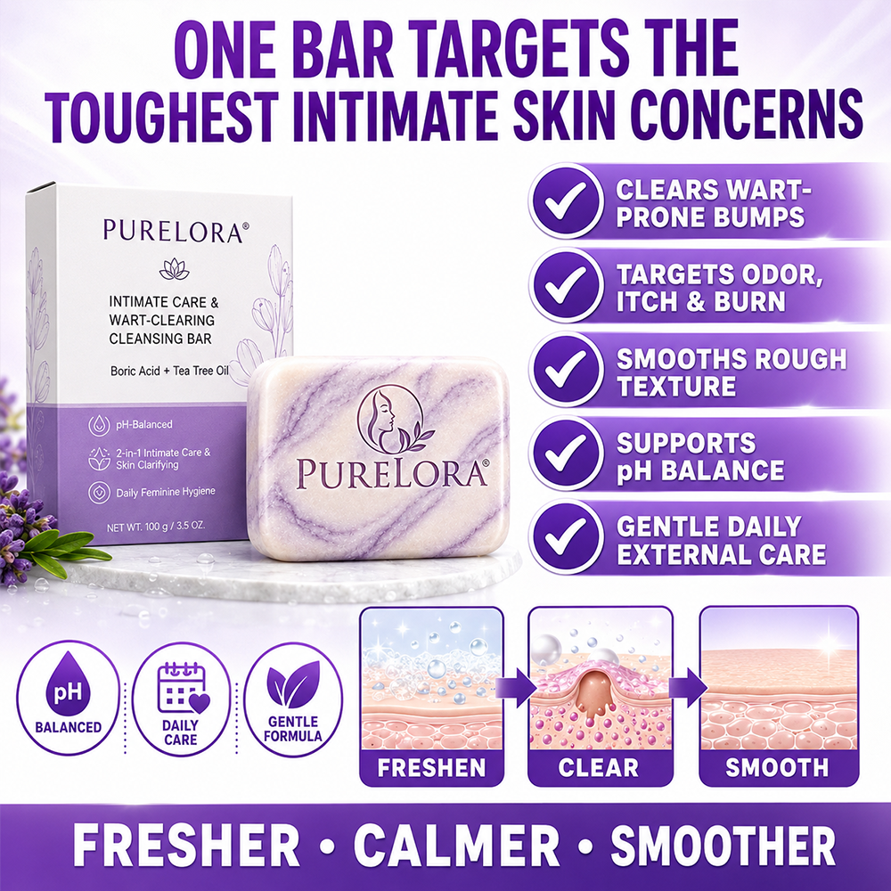 PURELORA® Yoni & Wart Relief Bar Soap | pH-Balanced with Boric Acid & Tea Tree Oil | 2-in-1 Intimate Care & Skin Clarifying Bar | Women's Daily Wash