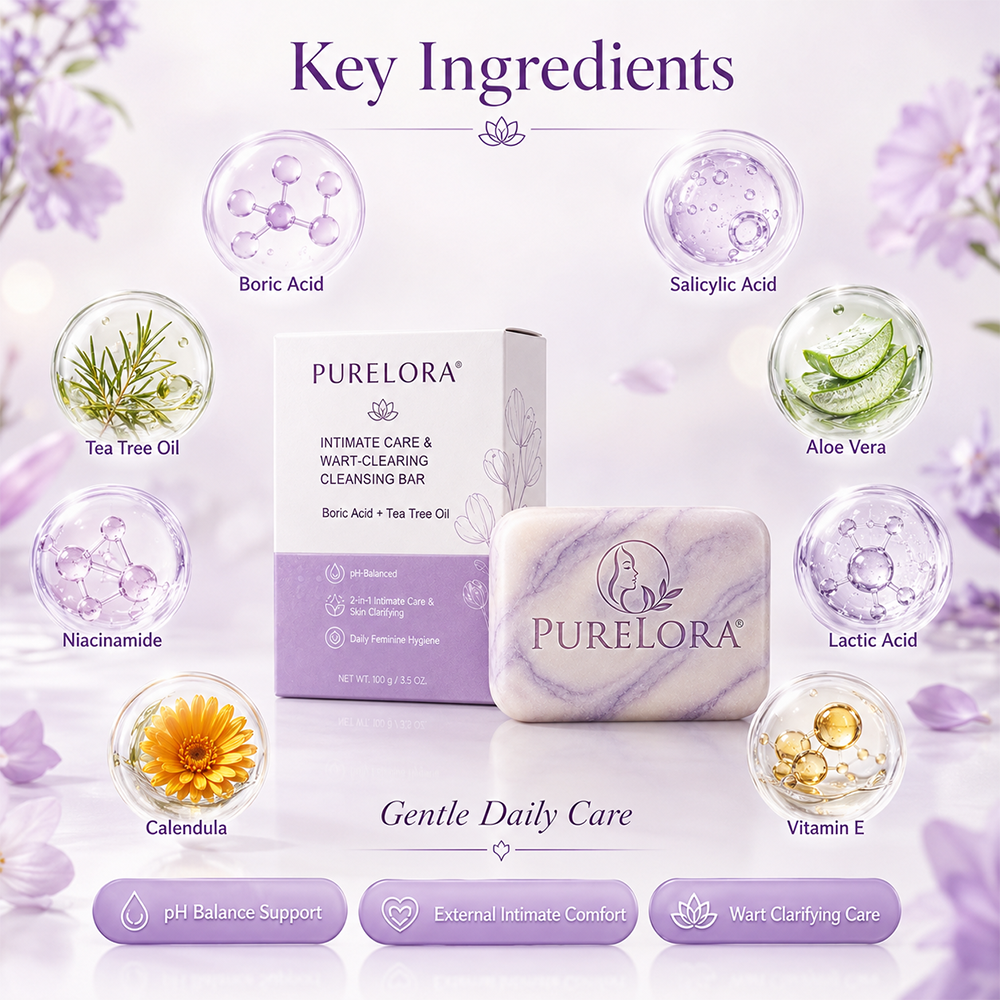 PURELORA® Yoni & Wart Relief Bar Soap | pH-Balanced with Boric Acid & Tea Tree Oil | 2-in-1 Intimate Care & Skin Clarifying Bar | Women's Daily Wash