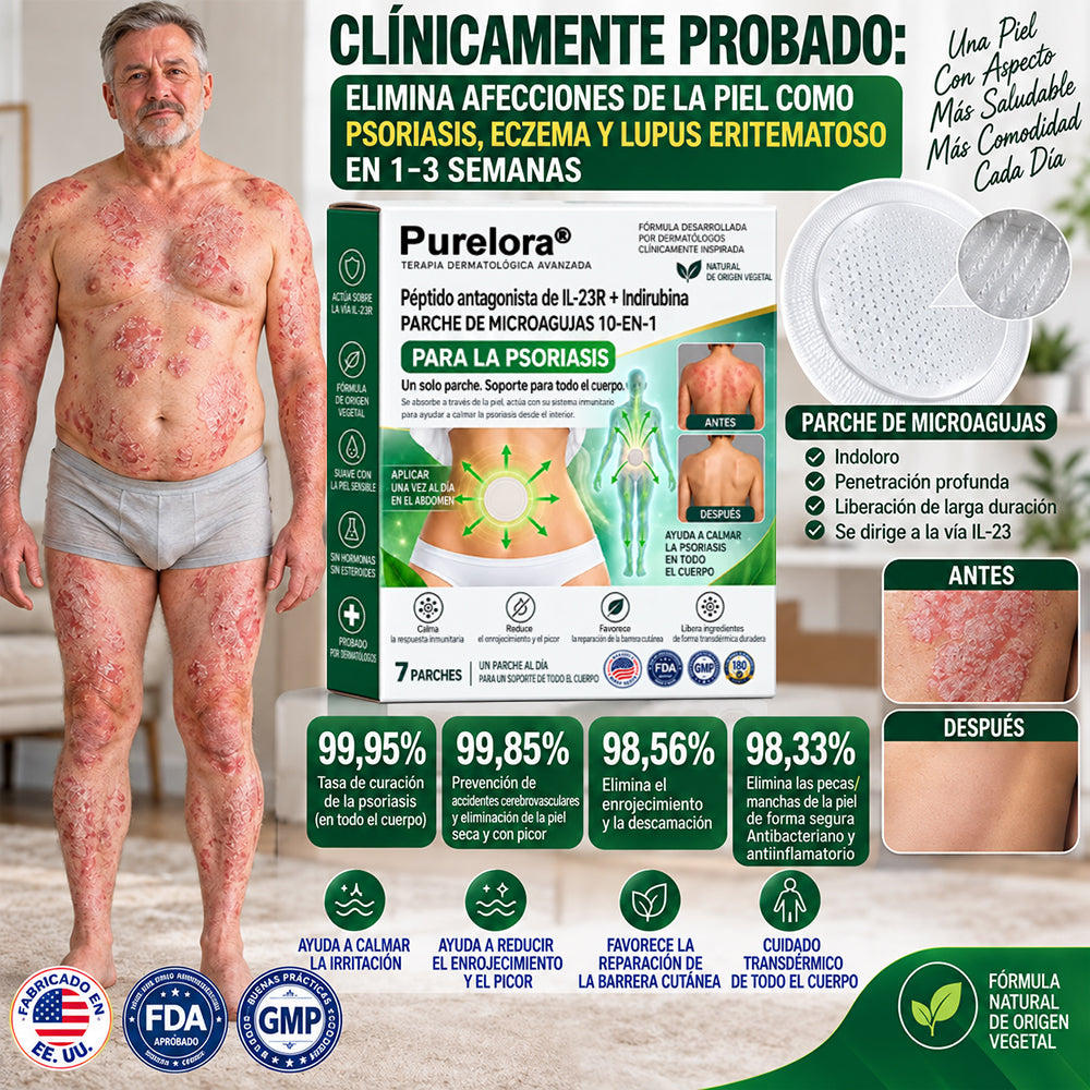 𝐏𝐔𝐑𝐄𝐋𝐎𝐑𝐀® 👩‍⚕️👩‍⚕️ Parche de nanomicroagujas 10 en 1 con péptido antagonista de IL-23R e indirubina (ayuda a reducir el enrojecimiento visible y la descamación, calma la sequedad y la picazón, y favorece el refuerzo y la reparación de la barrera cutánea)