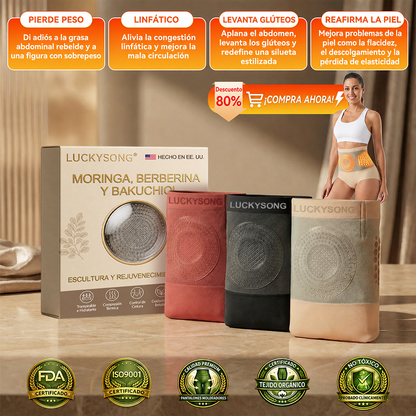 🔥 Tienda oficial de la marca | ✅LUCKYSONG® Ropa interior moldeadora 6 en 1 para mujer (Moringa y Berberina) — Bragas de compresión térmica con efecto moldeador e infusión de Bakuchiol, control de cintura y abdomen.