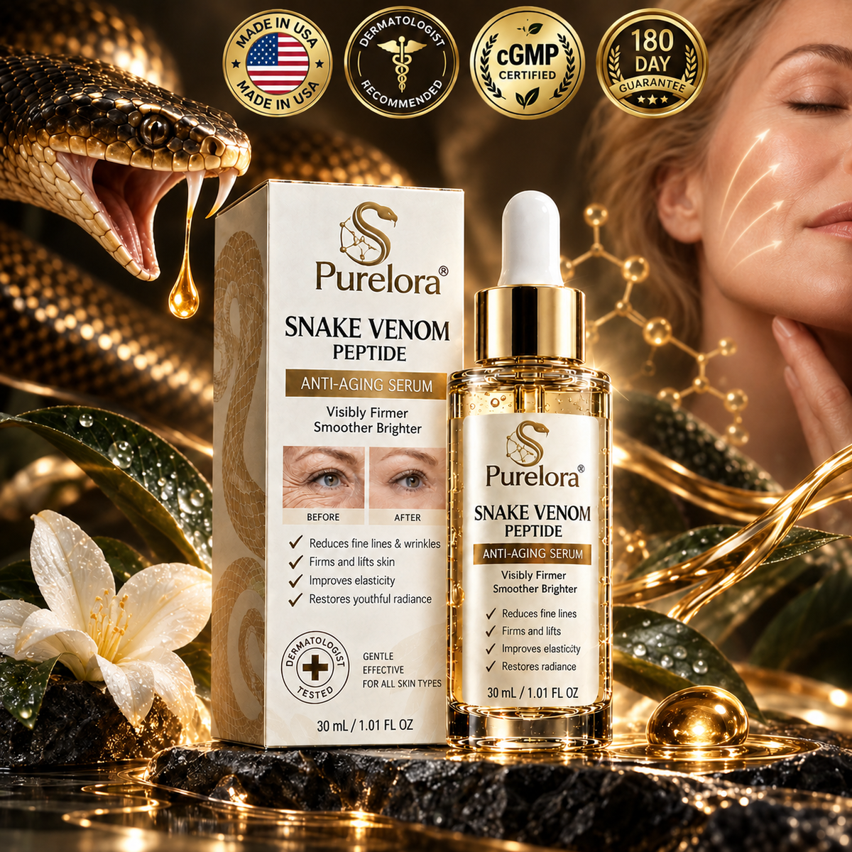Purelora® Snake Venom Peptide Renewal Serum – Firming, Fine Lines & Visible Marks Care
