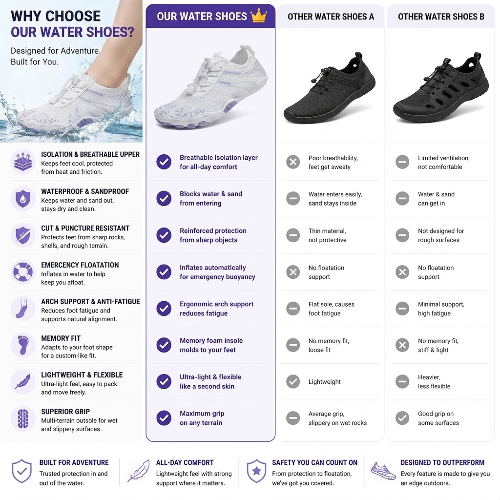Unisex Barefoot Water Shoes | Inflatable Self-Rescue | Cures Athlete's Foot | Arch Memory Foam | Waterproof, Heat Dissipation & Sandproof Isolation | Ultra Lightweight Quick-Dry Aqua Socks