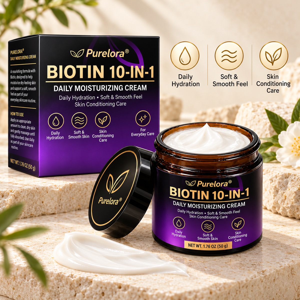 PURELORA® Biotin Daily Moisturizing Cream – 10-in-1 Formula for Everyday Skin Care