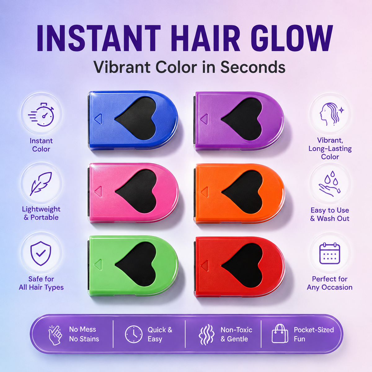 12-Color Heart Hair Chalk Set – One-Swipe Temporary Hair Color, Washable & Mixable, Pocket-Sized Color for Kids, Teens & Adults, Parties, Festivals & Cosplay