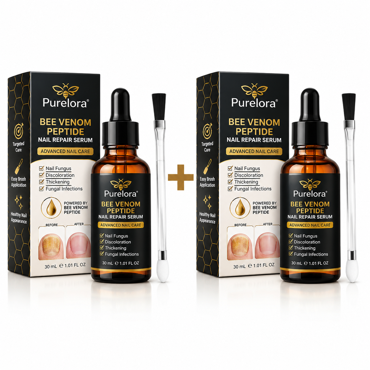 Purelora® Bee Venom Peptide Nail & Foot Repair Serum for nail fungus care, yellow nails, thick nails, and athlete’s foot recovery support.