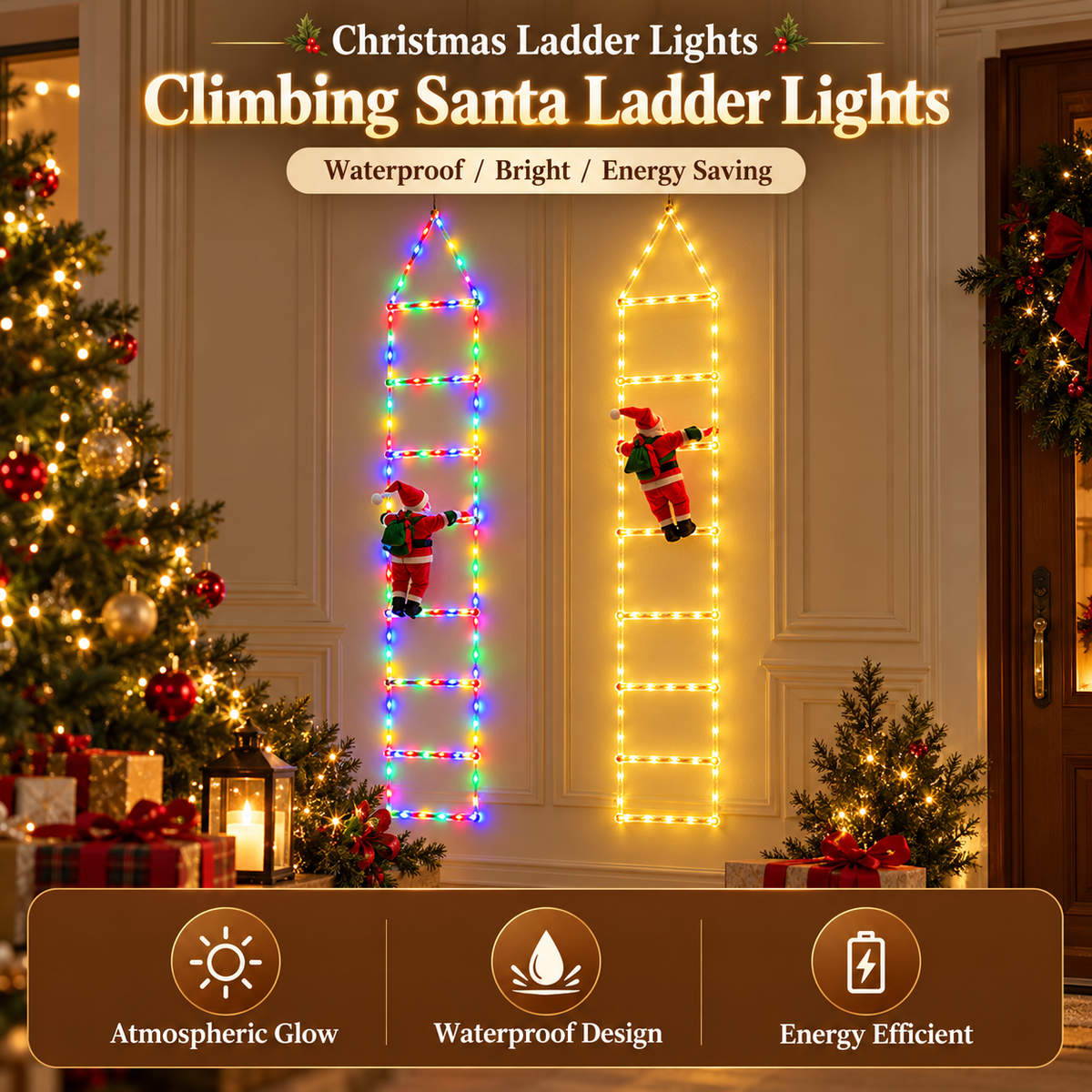 Bring Christmas Magic Home，Christmas Ladder Lights with Climbing Santa
