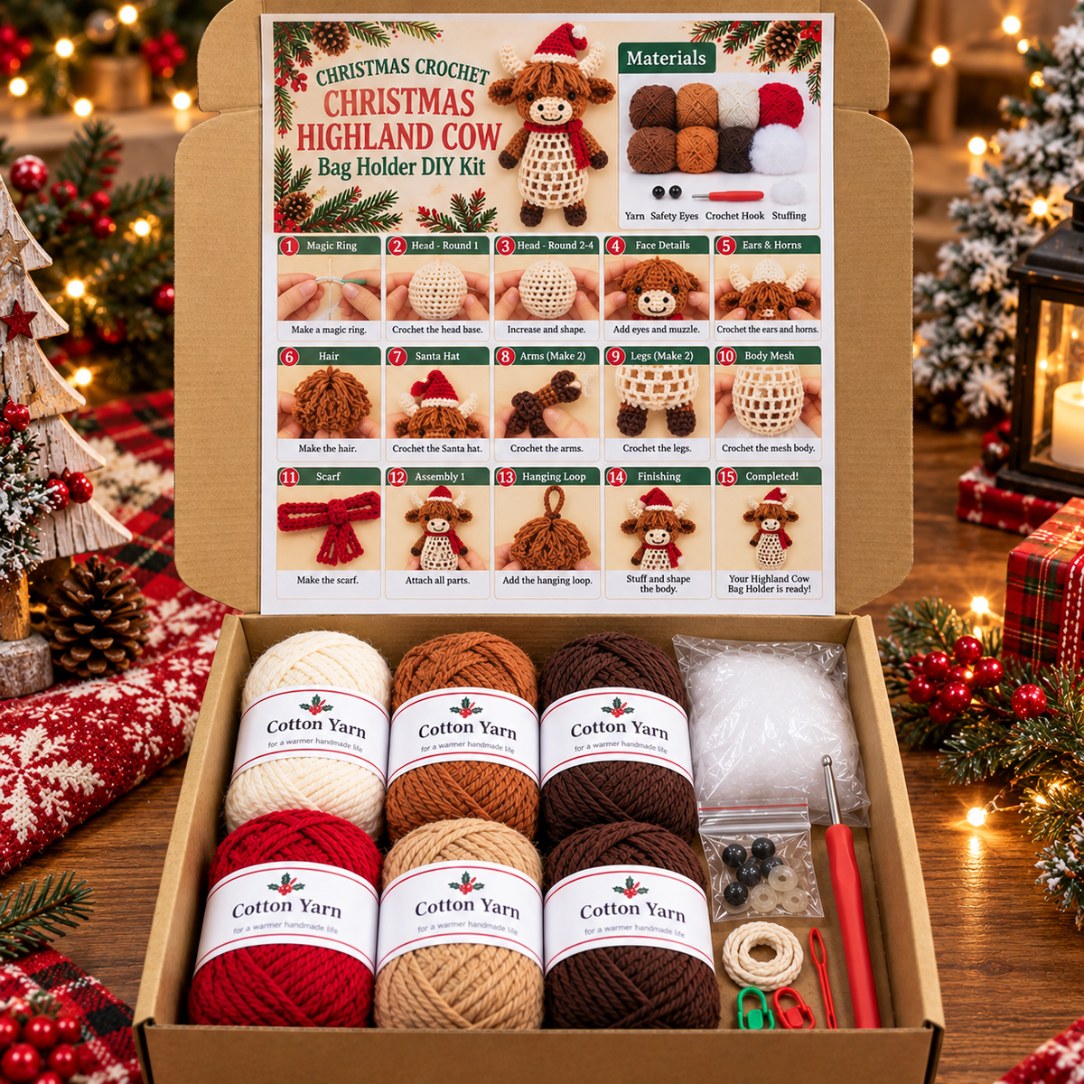 Christmas Crochet Animal Bag Holder DIY Kit – 4 Festive Designs, Handmade Holiday Decor & Hanging Storage