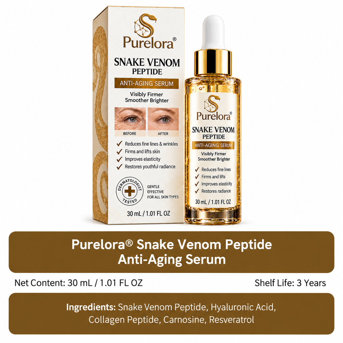 Purelora® Snake Venom Peptide Renewal Serum – Firming, Fine Lines & Visible Marks Care