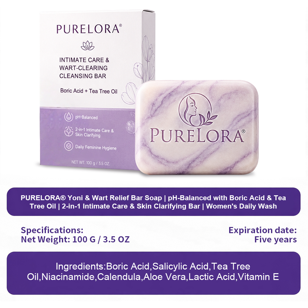 PURELORA® Yoni & Wart Relief Bar Soap | pH-Balanced with Boric Acid & Tea Tree Oil | 2-in-1 Intimate Care & Skin Clarifying Bar | Women's Daily Wash