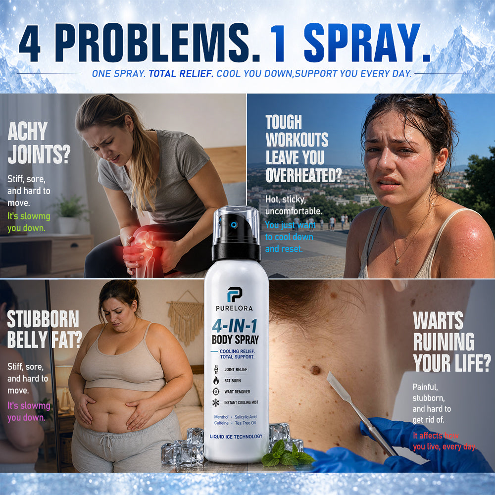 🔥 【Official Store】PURELORA® 4-in-1 Body Spray — Joint Relief · Fat Burn · Wart Remover · Instant Cooling Mist | Menthol + Salicylic Acid + Caffeine + Tea Tree | FSA/HSA Eligible