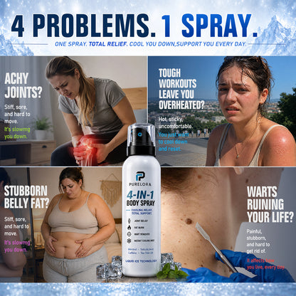🔥 【Official Store】PURELORA® 4-in-1 Body Spray — Joint Relief · Fat Burn · Wart Remover · Instant Cooling Mist | Menthol + Salicylic Acid + Caffeine + Tea Tree | FSA/HSA Eligible
