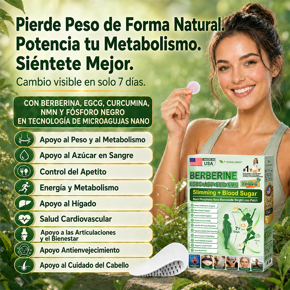 Parche Adelgazante con Nanagujas de Fósforo Negro Curalona® — Fórmula 12 en 1: Berberina + NMN + Vinagre de Sidra de Manzana | Potencia la quema de grasa y estabiliza el azúcar en sangre | Sea testigo de la transformación en solo 7 días