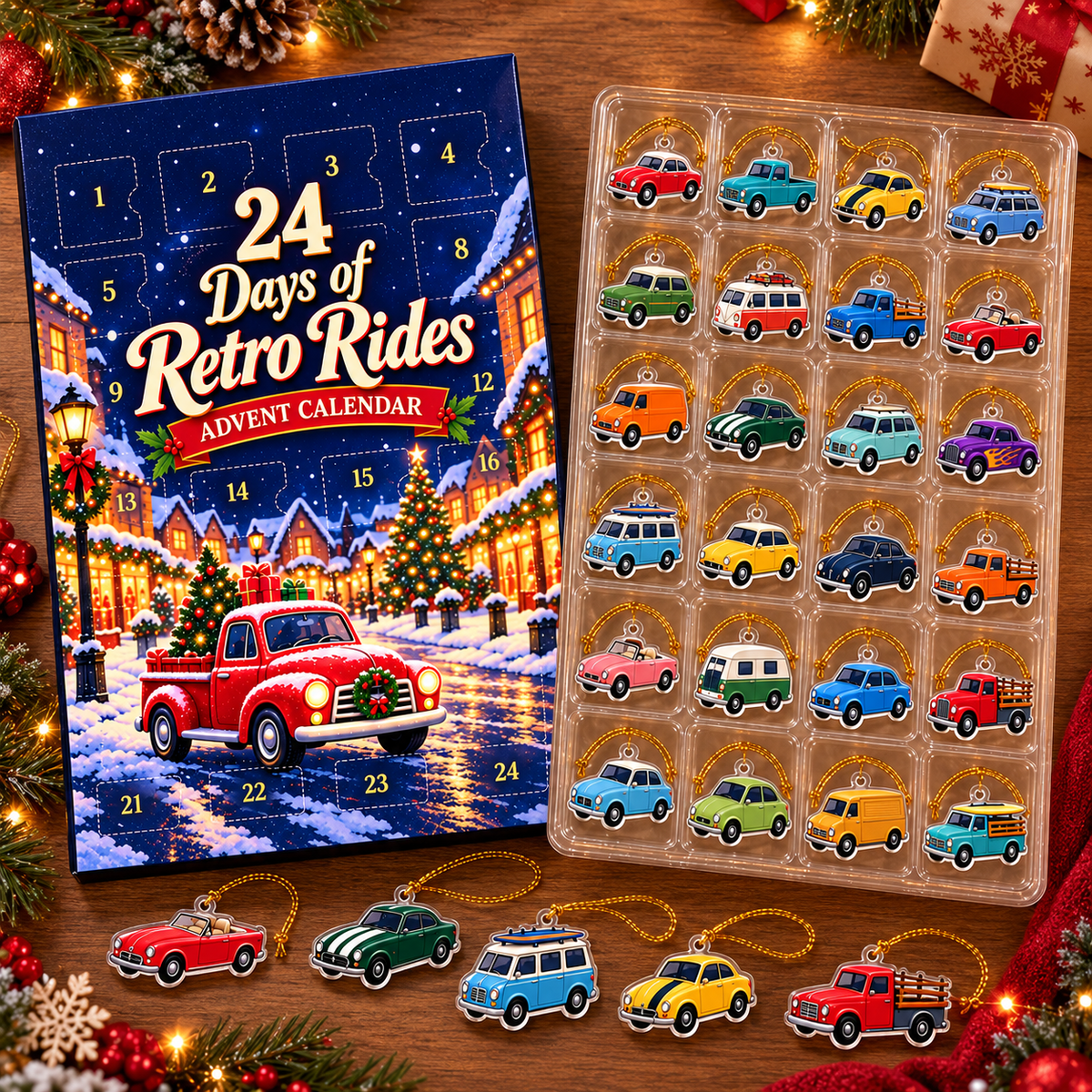 24 Days of Retro Rides Advent Calendar – 24 Unique Acrylic Car Ornaments