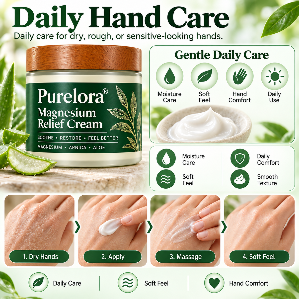 𝐏𝐔𝐑𝐄𝐋𝐎𝐑𝐀® Magnesium Relief Cream – Daily Moisturizing Skin Care Cream with Magnesium, MSM, Arnica & Vitamin B6 for Soft, Comfortable-Looking Skin