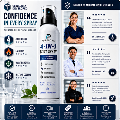 🔥 【Official Store】PURELORA® 4-in-1 Body Spray — Joint Relief · Fat Burn · Wart Remover · Instant Cooling Mist | Menthol + Salicylic Acid + Caffeine + Tea Tree | FSA/HSA Eligible