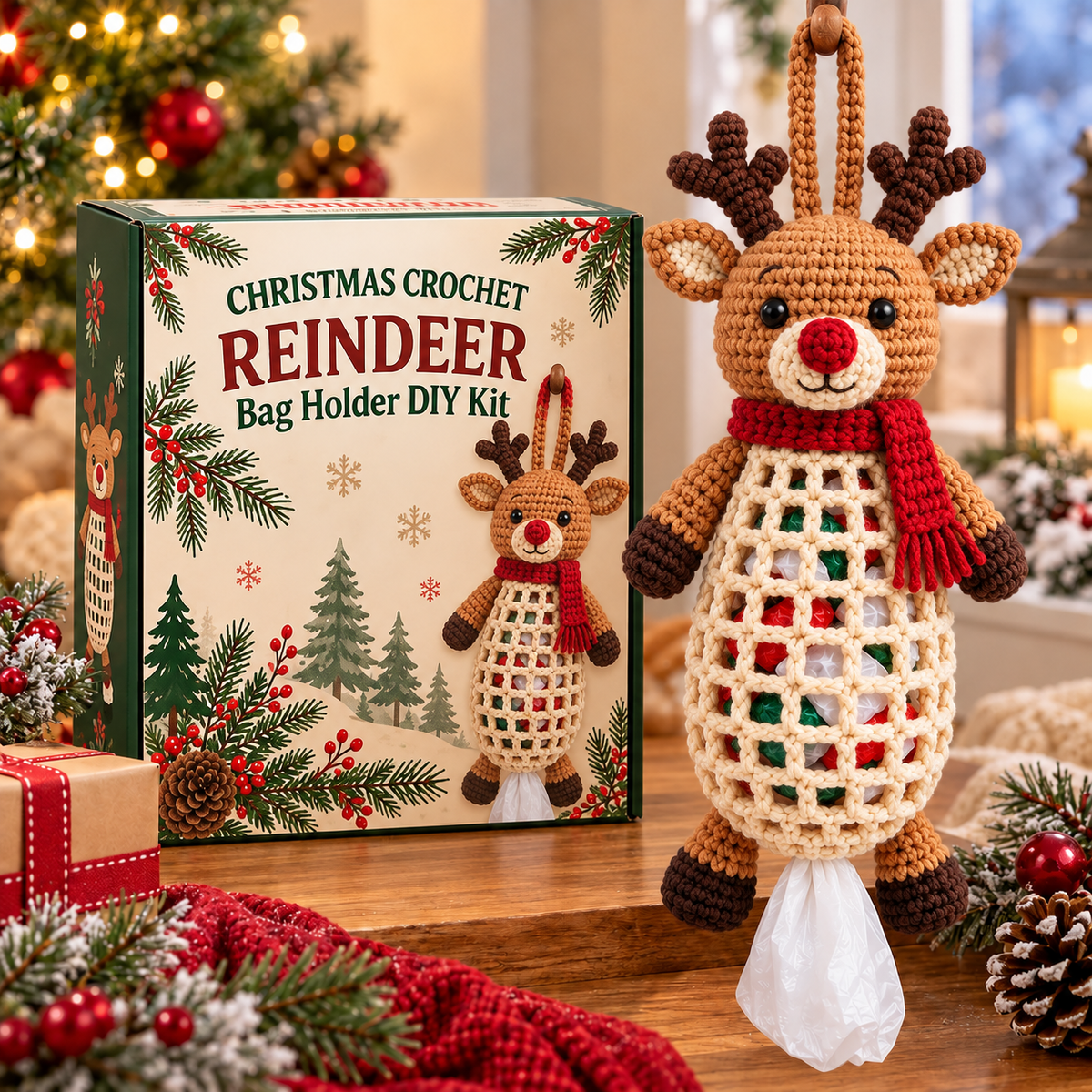 Christmas Crochet Animal Bag Holder DIY Kit – 4 Festive Designs, Handmade Holiday Decor & Hanging Storage