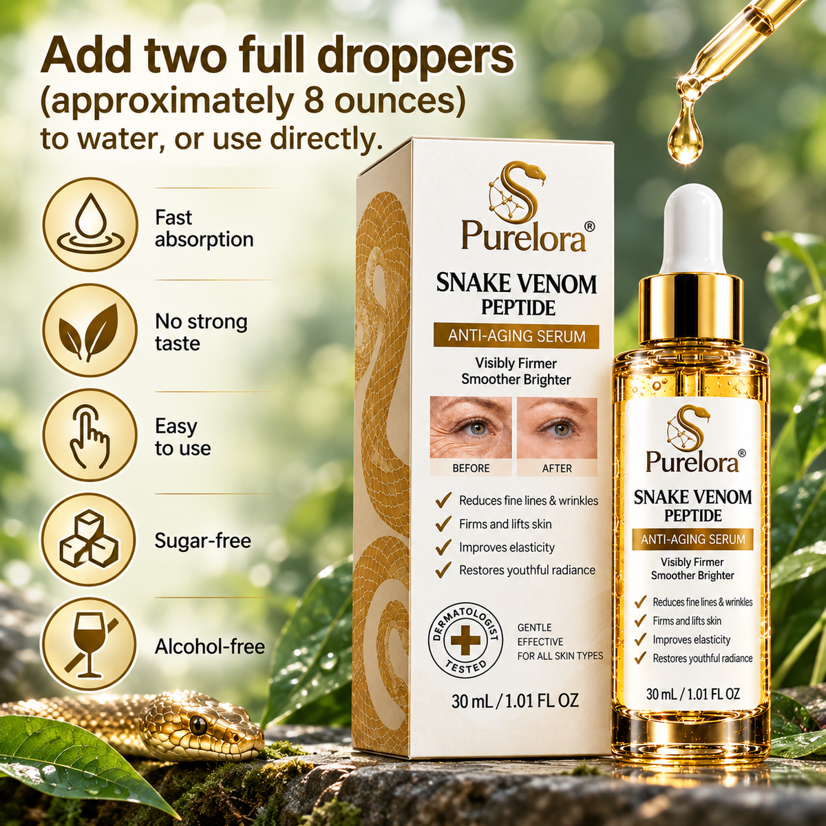 Purelora® Snake Venom Peptide Renewal Serum – Firming, Fine Lines & Visible Marks Care