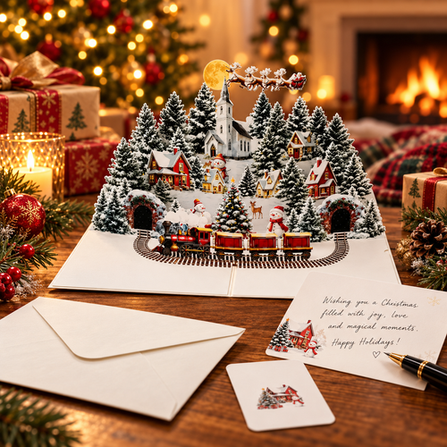 3D Christmas Pop-Up Greeting Card – A Magical Winter Village for Your Holiday Wishes.