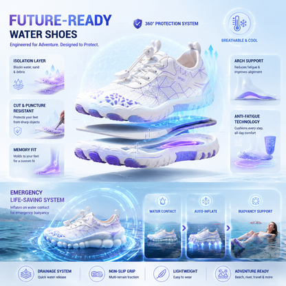 Unisex Barefoot Water Shoes | Inflatable Self-Rescue | Cures Athlete's Foot | Arch Memory Foam | Waterproof, Heat Dissipation & Sandproof Isolation | Ultra Lightweight Quick-Dry Aqua Socks