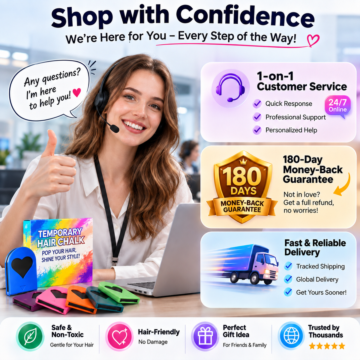12-Color Heart Hair Chalk Set – One-Swipe Temporary Hair Color, Washable & Mixable, Pocket-Sized Color for Kids, Teens & Adults, Parties, Festivals & Cosplay