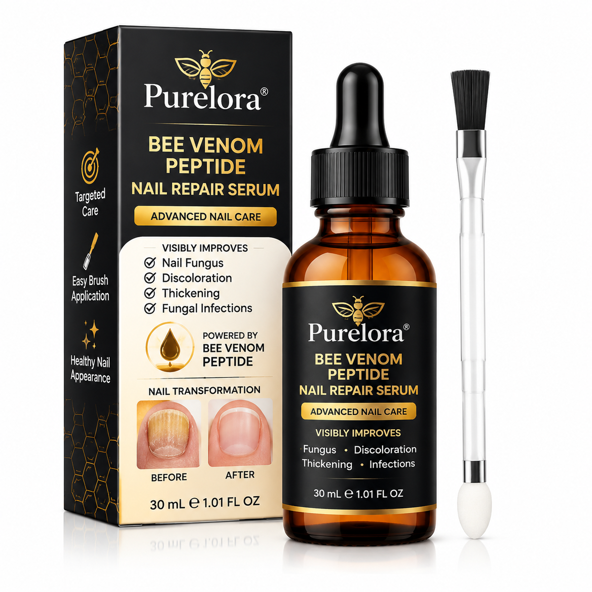 Purelora® Bee Venom Peptide Nail & Foot Repair Serum for nail fungus care, yellow nails, thick nails, and athlete’s foot recovery support.